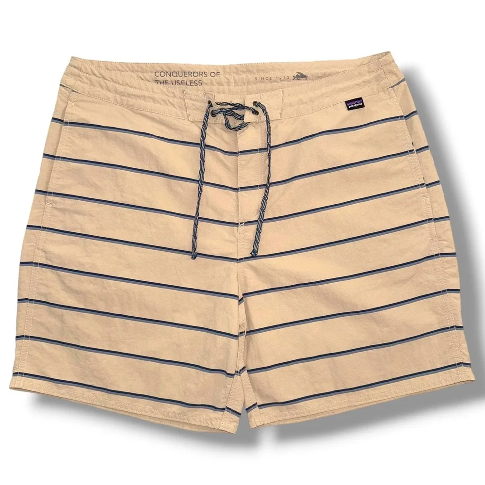 Patagonia Wavefarer Hybrid Walk Shorts Mens 36‎ Oar Tan Striped Nylon Swim Trunk